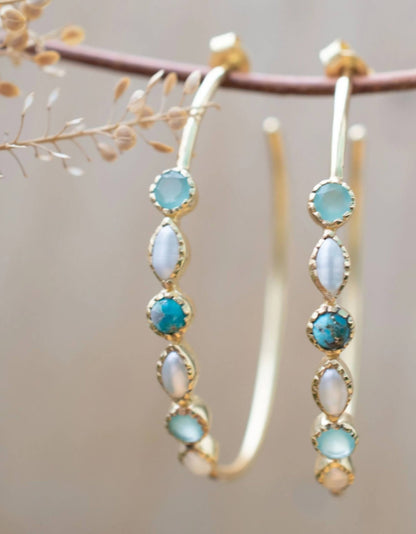 CILA " KAIA " Design Aqua Chalsedony, Copper Turquise, Pearl, Moonstone Earrings , 18K Goldplated