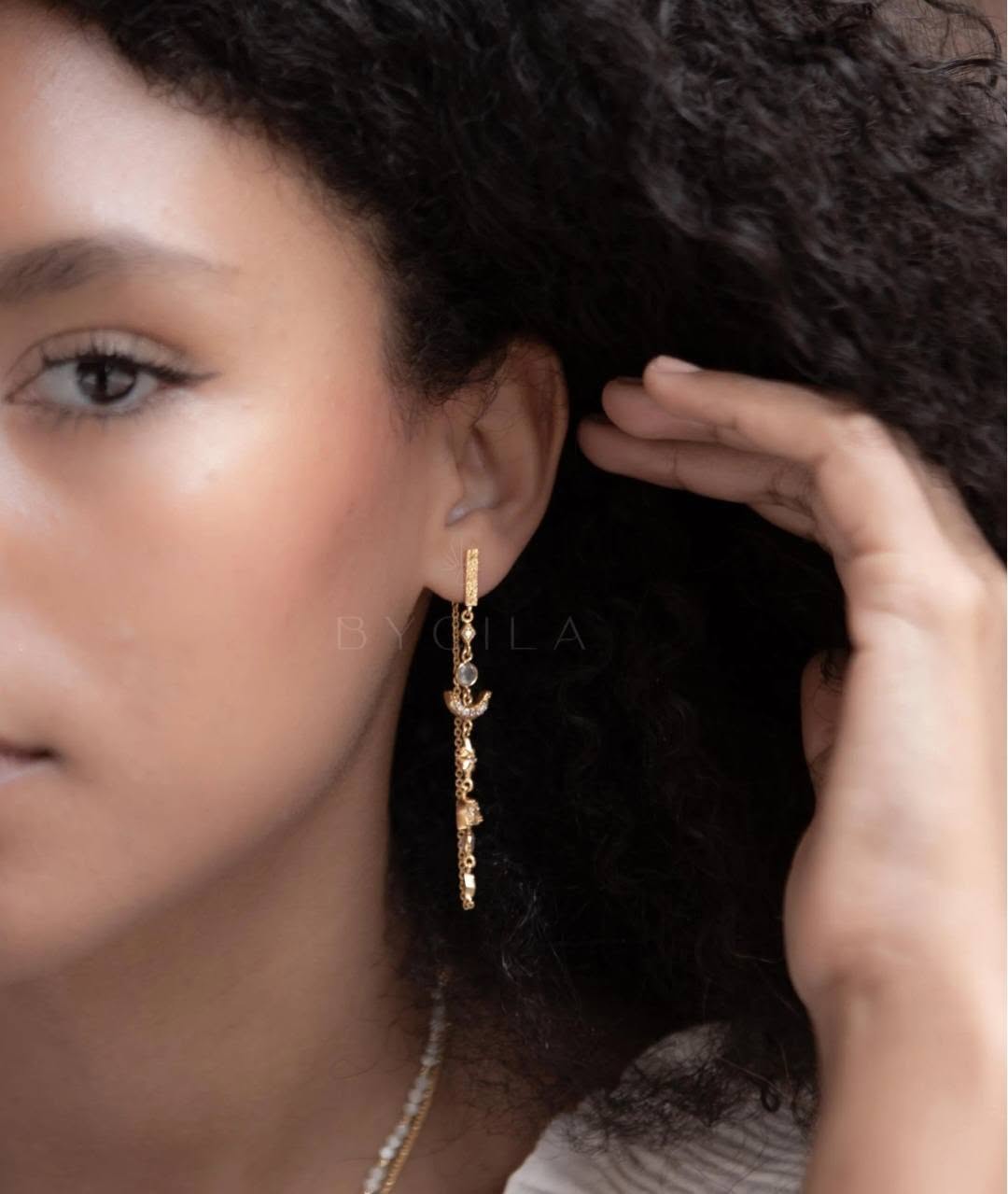 CILA "BLAIR" Earrings w/ Rose Quartz , Zirconia Stones, 18K Goldplated