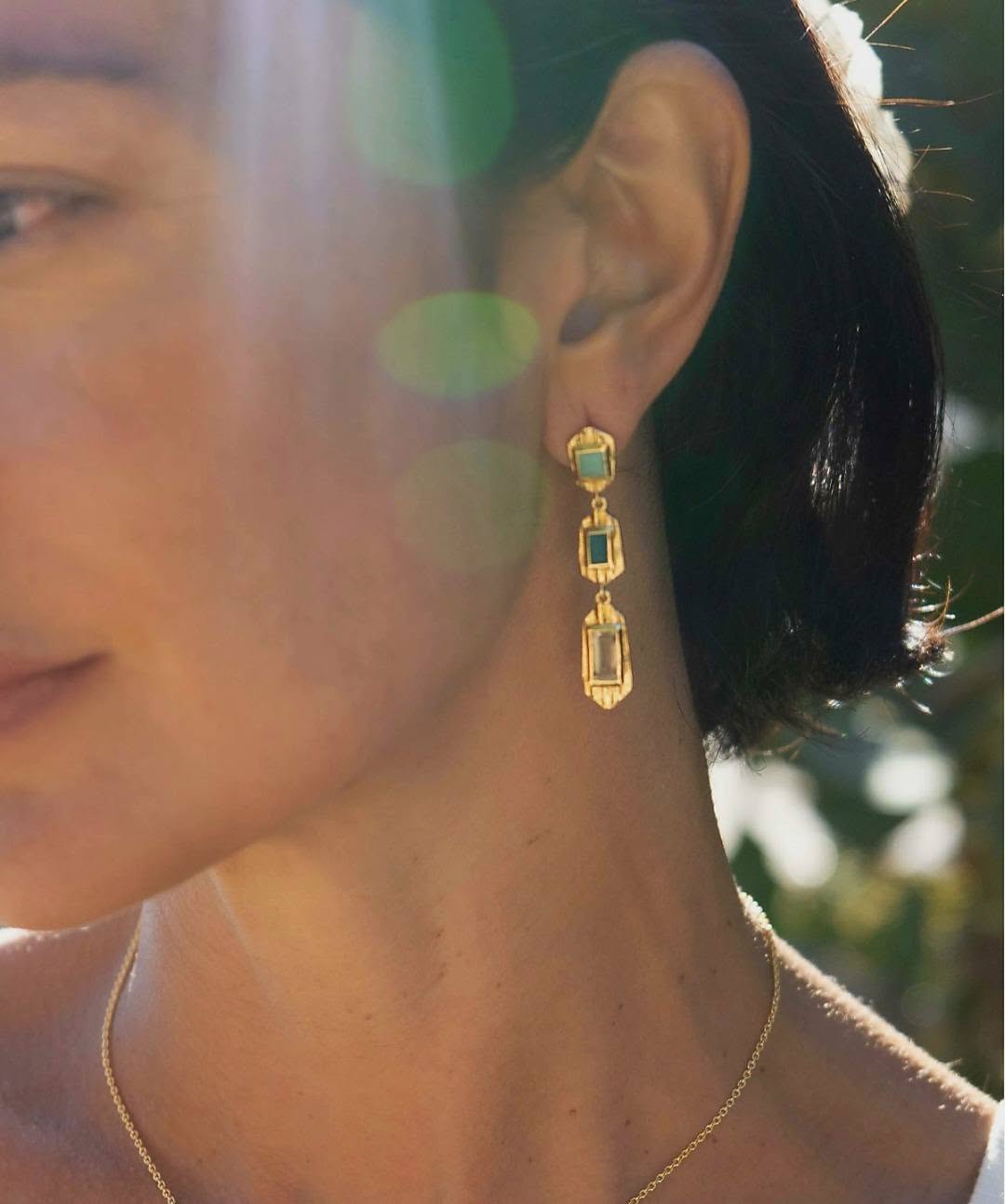 New CILA " ANULA " Long Drop Earrings w/ Amazonite, Green Jade, Ametyst 18K Goldplated