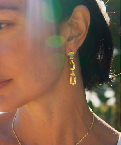 New CILA " ANULA " Long Drop Earrings w/ Amazonite, Green Jade, Ametyst 18K Goldplated