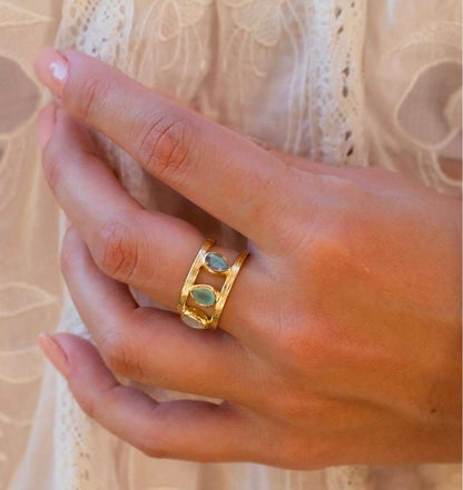 New and beautiful Cila "LYRA" Designring,& Gold Plated 18K - Moonstone, Labradorite , Aqua Chalsedony
