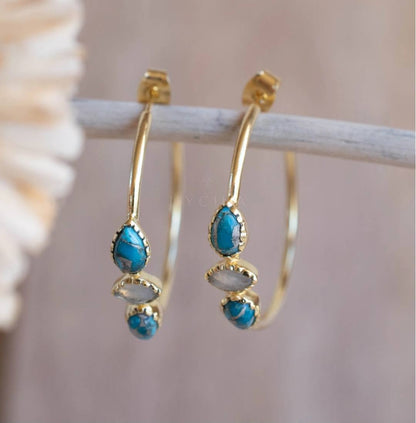 CILA "Little YEDA" Earrings w/ Moonstone , Turquoise Stones, 18K Goldplated