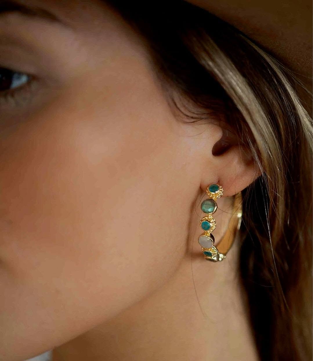 CILA "Melissa" Earrings w/ Labradorite , Green Dyed Quartz, Moonstone, 18K Goldplated