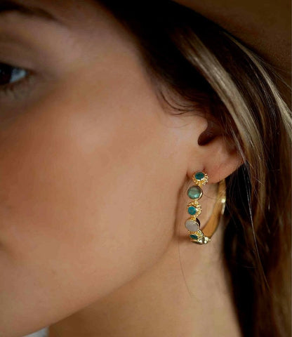 CILA "Melissa" Earrings w/ Labradorite , Green Dyed Quartz, Moonstone, 18K Goldplated