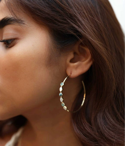 CILA " KAIA " Design Aqua Chalsedony, Copper Turquise, Pearl, Moonstone Earrings , 18K Goldplated