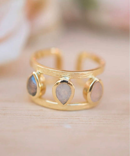 New and beautiful Cila "LYRA" Designring, Gold Plated 18K - Rose Quartz, Labradorite , Moonstone