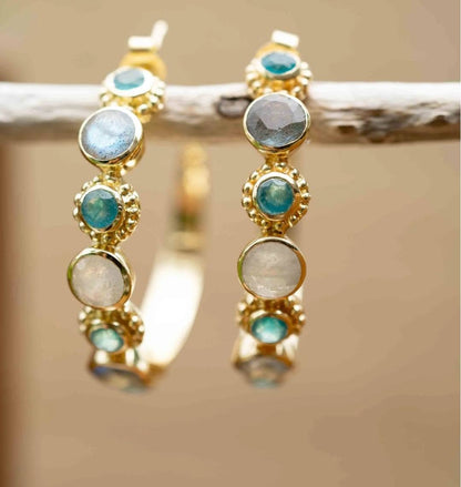 CILA "Melissa" Earrings w/ Labradorite , Green Dyed Quartz, Moonstone, 18K Goldplated