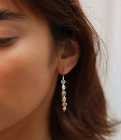 CILA " KAIA " Design Aqua Chalsedony, Copper Turquise, Pearl, Moonstone Earrings , 18K Goldplated