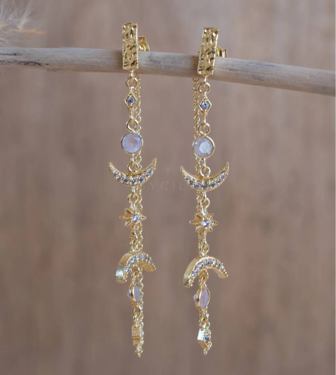 CILA "BLAIR" Earrings w/ Rose Quartz , Zirconia Stones, 18K Goldplated