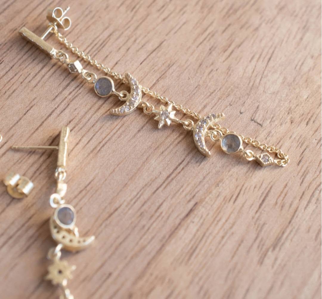 CILA "BLAIR" Earrings w/ Labradorite , Zirconia Stones, 18K Goldplated