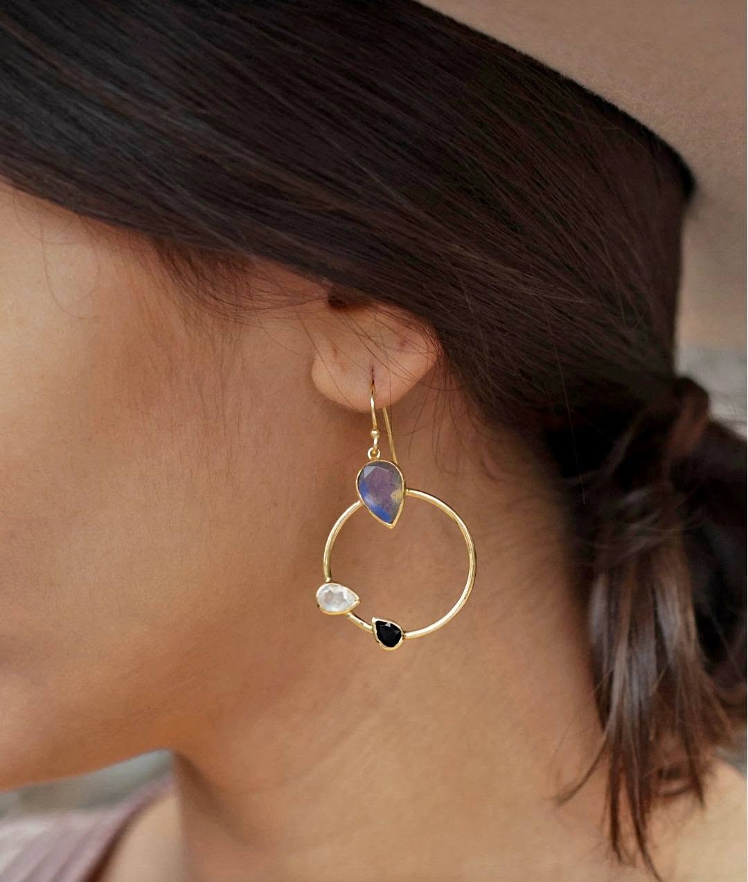 CILA " LAVINIA " Ring Design Black Onyx, Labradorite, Moonstone, Pearl Stud Earrings , 18K Goldplated