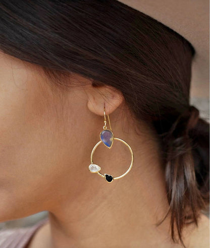 CILA " LAVINIA " Ring Design Black Onyx, Labradorite, Moonstone, Pearl Stud Earrings , 18K Goldplated