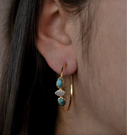 CILA "Little YEDA" Earrings w/ Moonstone , Turquoise Stones, 18K Goldplated