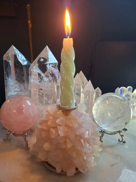 Superflott Rose Quartz lysestake ( for høye lys ) i råkvarts, ca. 8 - 10cm / 400gram