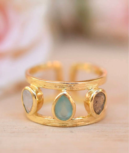 New and beautiful Cila "LYRA" Designring,& Gold Plated 18K - Moonstone, Labradorite , Aqua Chalsedony
