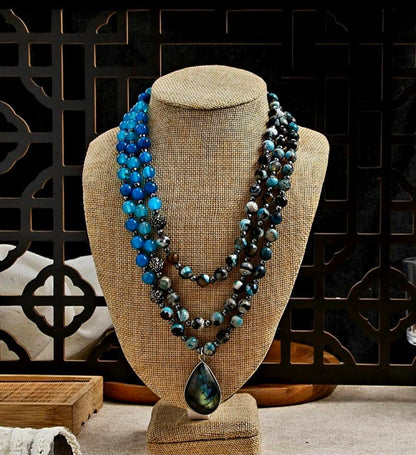 Retro Gothic Triple Natural Stone Necklace w/ Hematite, Moonstone Labradorite Pendant, 45 - 55cm