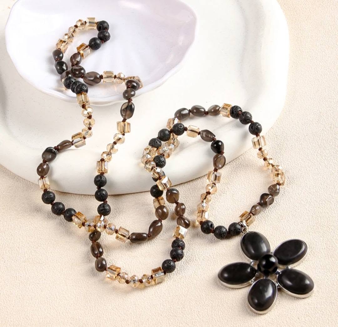 NEW LONG BOHEMIAN AGATE MALAKJEDE ( 80cm ) w/Flower, Black