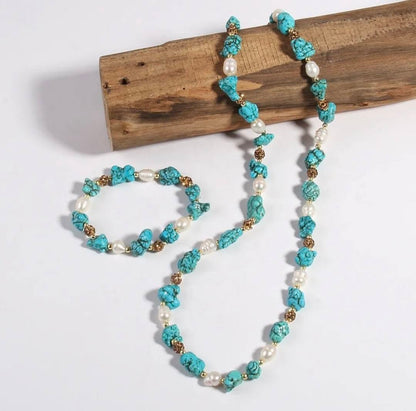 Vintage Ethnic Turquoise & Perle Necklace Bracelet Set, 60cm