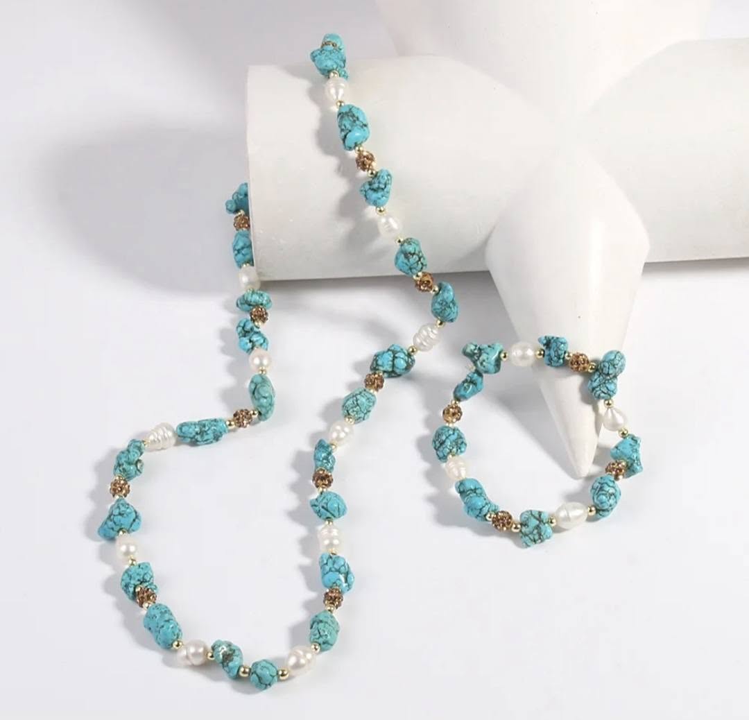 Vintage Ethnic Turquoise & Perle Necklace Bracelet Set, 60cm