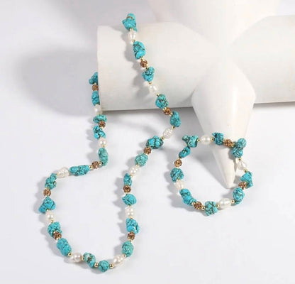 Vintage Ethnic Turquoise & Perle Necklace Bracelet Set, 60cm