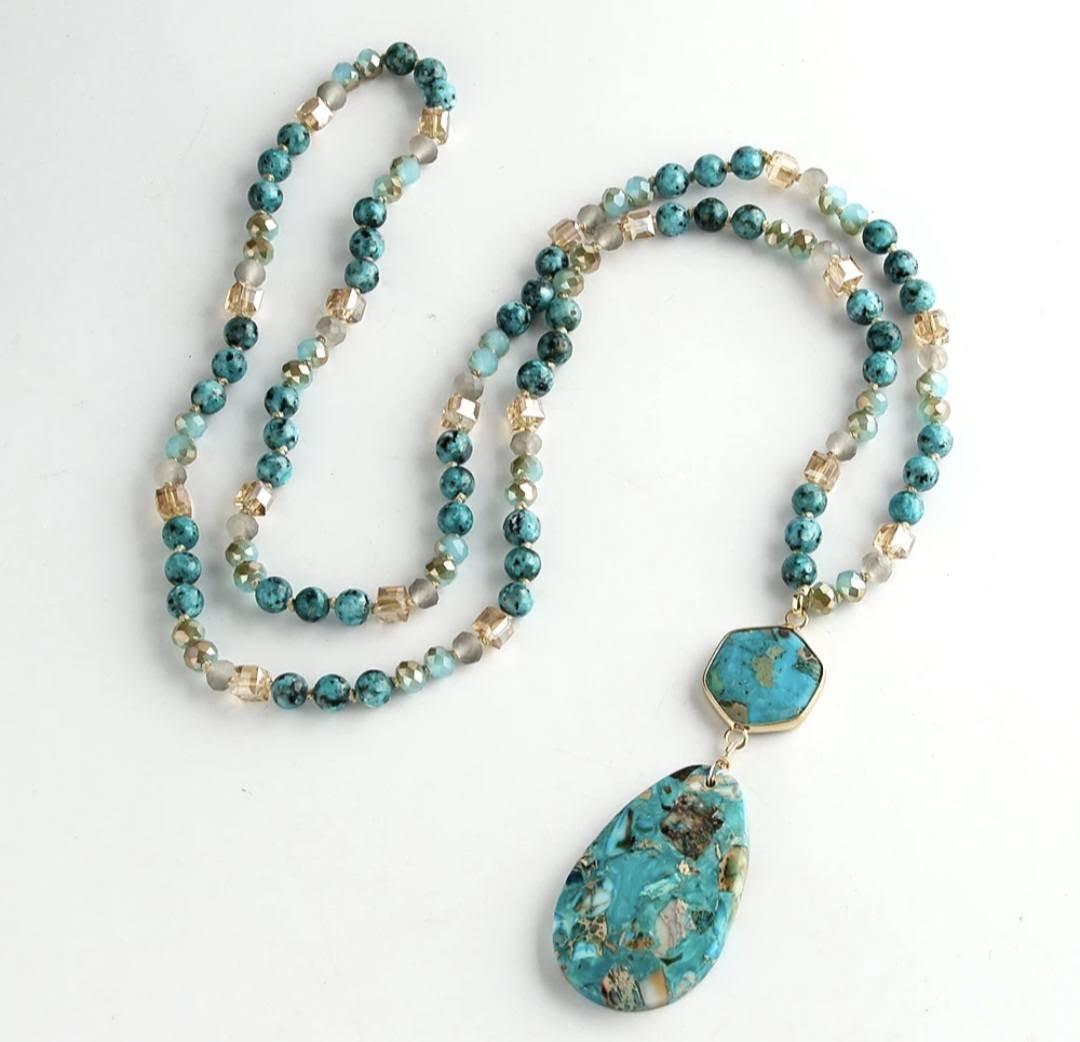 NEW LONG BOHEMIAN JASPER MALAKJEDE ( 80cm ) w/ Oval Pendant