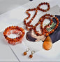 NEW LONG BOHEMIAN AGATE MALAKJEDE, ARMBÅND + ØREDOBBER ( 80cm ) w/Flower, Orange