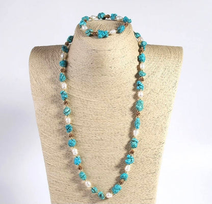 Vintage Ethnic Turquoise & Perle Necklace Bracelet Set, 60cm