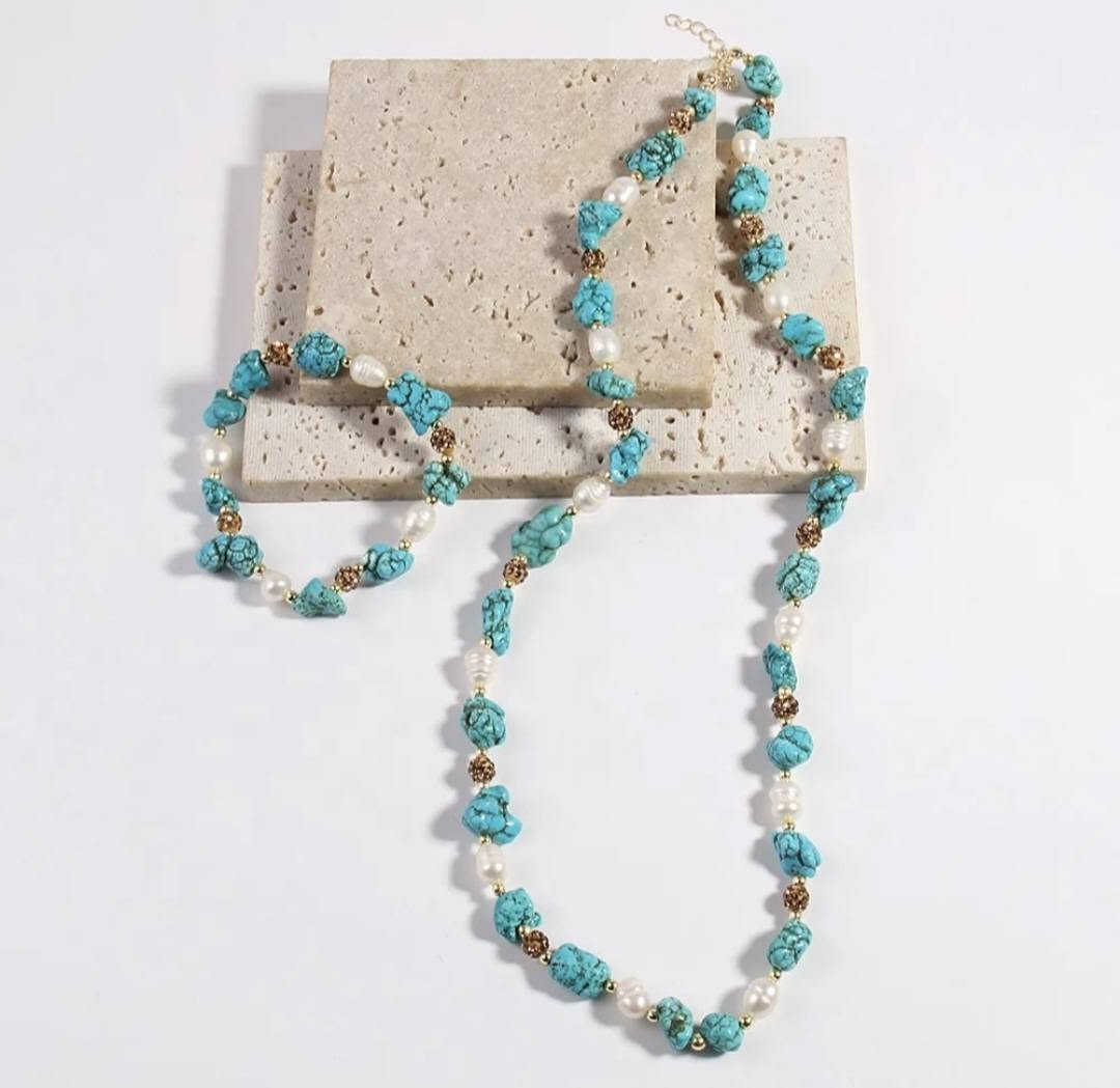 Vintage Ethnic Turquoise & Perle Necklace Bracelet Set, 60cm