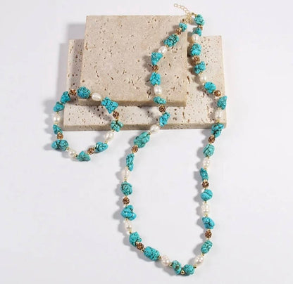 Vintage Ethnic Turquoise & Perle Necklace Bracelet Set, 60cm