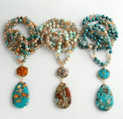 NEW LONG BOHEMIAN JASPER MALAKJEDE ( 80cm ) w/ Oval Pendant