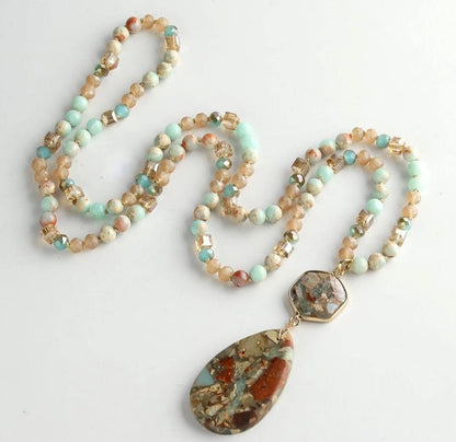 NEW LONG BOHEMIAN JASPER MALAKJEDE ( 80cm ) w/ Oval Pendant