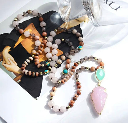 NEW LONG BOHEMIAN ROSE QUARTZ MALAKJEDE ( 80cm ) w/ Arrowhead Pendant