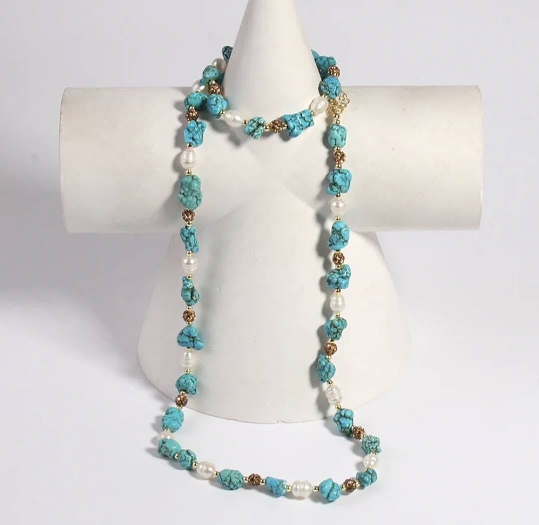 Vintage Ethnic Turquoise & Perle Necklace Bracelet Set, 60cm