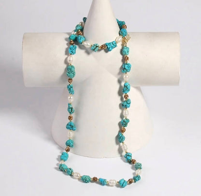 Vintage Ethnic Turquoise & Perle Necklace Bracelet Set, 60cm