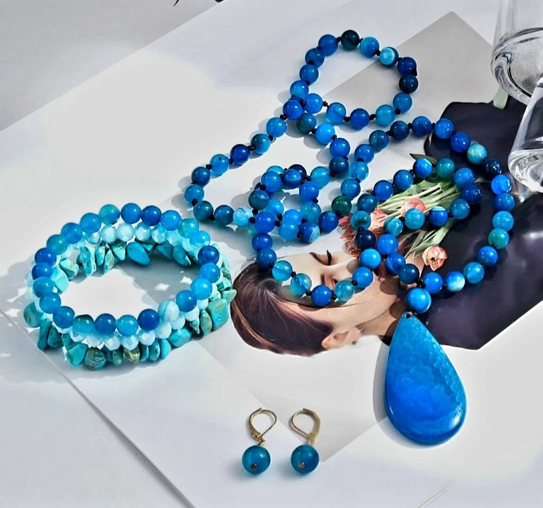 NEW LONG BOHEMIAN AGATE MALAKJEDE, ARMBÅND + ØREDOBBER ( 80cm ) w/Flower, Blue