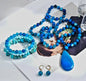 NEW LONG BOHEMIAN AGATE MALAKJEDE, ARMBÅND + ØREDOBBER ( 80cm ) w/Flower, Blue