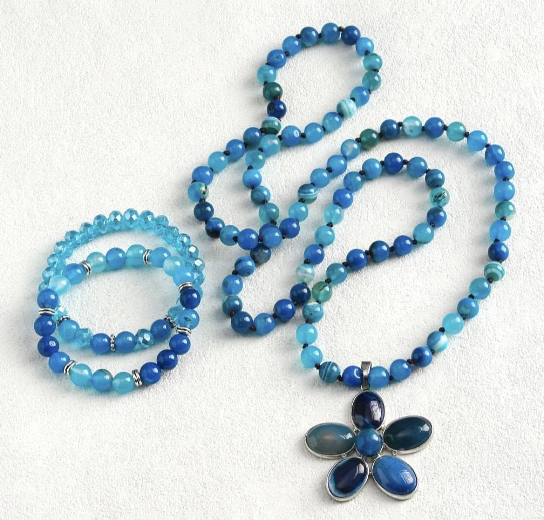 NEW LONG BOHEMIAN AGATE MALAKJEDE + ARMBÅND ( 80cm ) w/Flower, Blue