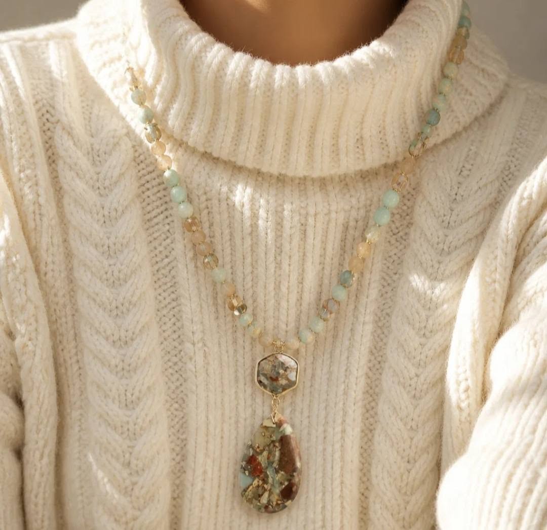 NEW LONG BOHEMIAN JASPER MALAKJEDE ( 80cm ) w/ Oval Pendant