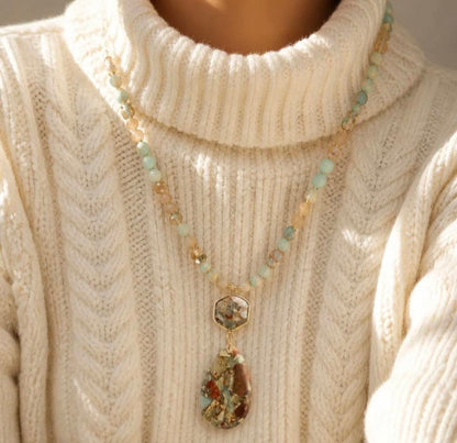 NEW LONG BOHEMIAN JASPER MALAKJEDE ( 80cm ) w/ Oval Pendant