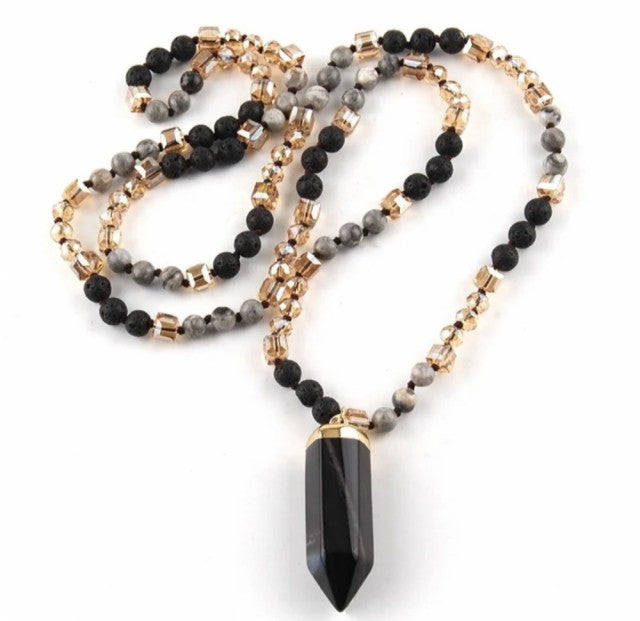 Nye 2025 Bohemian Style Sort Agate & Decor Single , Langt Kjede m/Point Anheng