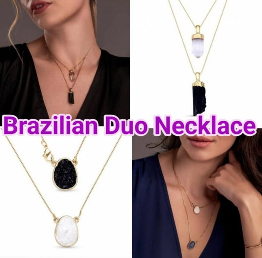 Kampanje Brazilian Duo Necklace - doble stenanheng, 18K Goldplated , Clear Quartz/Selenite og Sort Turmaline