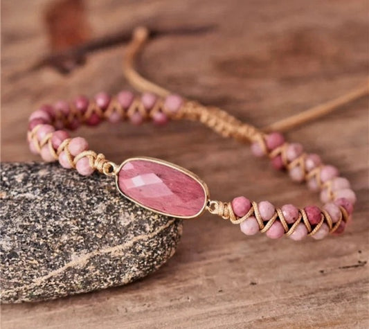 Enkle og vakre Merkaba 2 rader armbÅnd m/ oval Rhodonite sten.