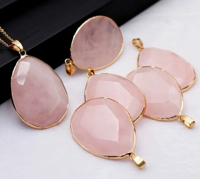 Nye, store og vakre Rose Quartz Gold 40mm Waterdrop anheng m/kjede