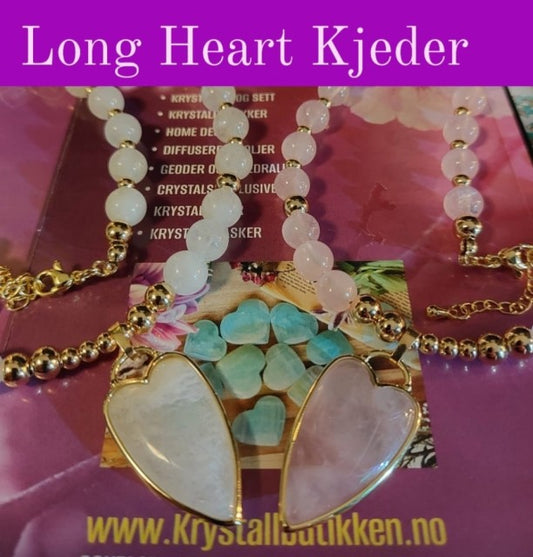DUO LONG HEART Necklace Pack, Gold Electroplated ( Rose Quartz, White Agate,  )