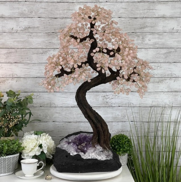 33" Tall Special Rose Quartz Gemstone Tree w/ Amethyst base, ca. 32kg . 85 - 90cm, 990 Gems, Handmade #5432RQ-001