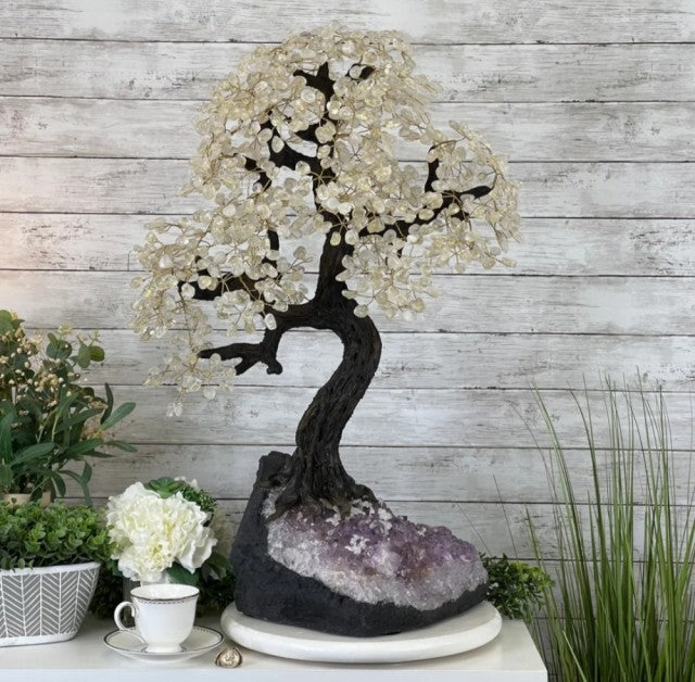 31" Tall Special Clear Quartz Gemstone Tree w/ Amethyst base, 810 Gems, Handmade, ca. 27kg - 80cm , Model #5479CQ-001