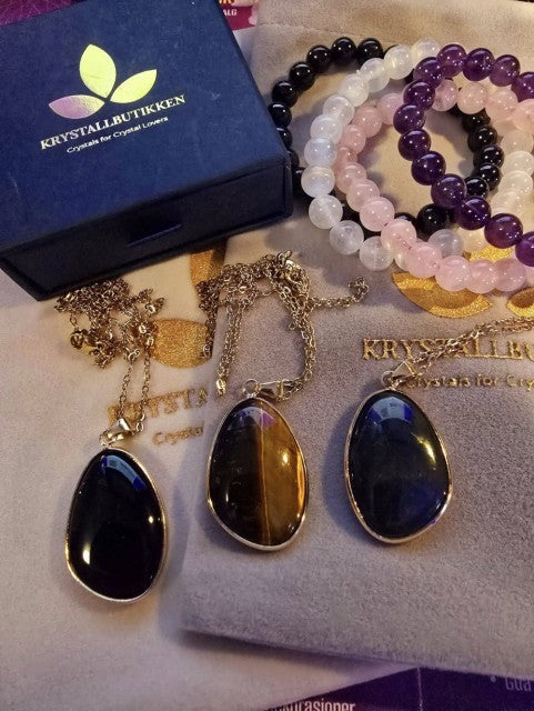 Valentine Gift 18 / Duo Large Tear Drop Anheng m/Necklace ( Sort Onyx , Tigereye ) + 2 fleksible Bracelets