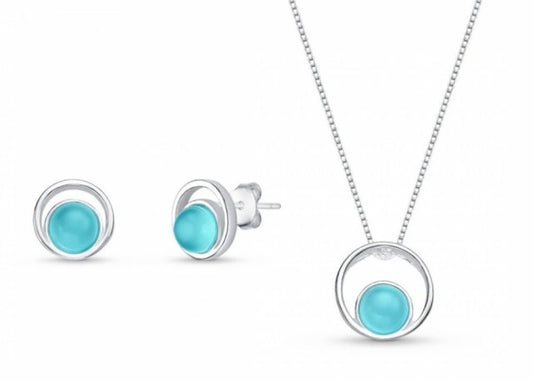 2025 Brazil Gem 925s Sterling Silver Cradled Necklace & Earring Set w/ Natural Sky Blue Agate Gemstone