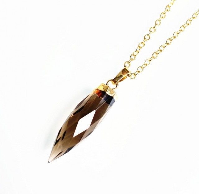 Nye Spike Point Pendel Anheng i Smoke Quartz m/kjede , Gold Electroplated
