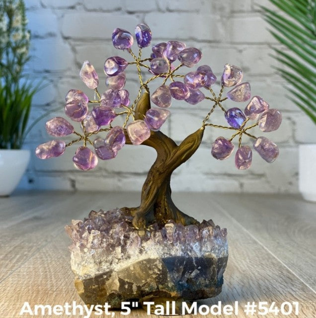 Vakre og eksklusive Feng Shui - Bonsai Lykketrær m/ ekte krystaller og Ametyst Clusterfot, ca. 12cm høy, Ametyst